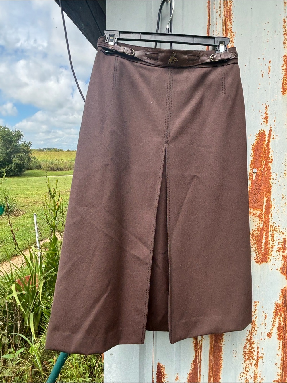 Vintage Hammer Lady H Brown Wool Midi Skirt Belted A-Line Pleated West Germany